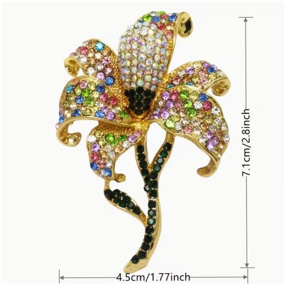 Betsey Johnson Iridescent Crystal Lily Flower Brooch Gold Tone - Picture 2 of 2